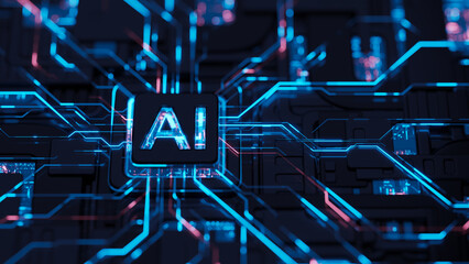 AI concept Artificial Intelligence technology circuit motherboard chip computer design machine deep learning data network analysis futuristic. 3d rendering..