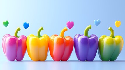 Colorful Bell Peppers with Water Droplets on Light Blue Background