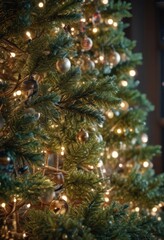 Close-up of a decorated Christmas tree, glowing lights, winter ambiance , christmas,  branches
