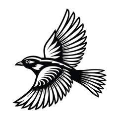 Minimalist Bird Silhouette Black Flying Bird with Detailed Feather Design on White