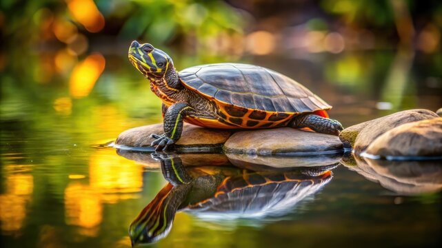 turtle basking on river rock, wet shell detail, water reflection visible