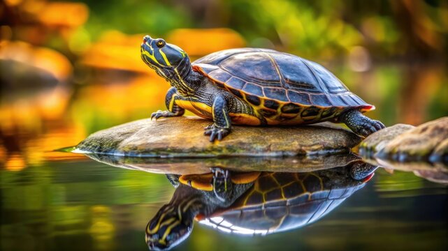 turtle basking on river rock, wet shell detail, water reflection visible
