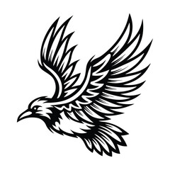 Minimalist Silhouette of Raven Flying with Bold Black Lines and Detailed Wing Texture