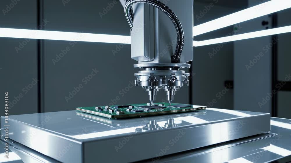 Poster robot arm performs precise assembly on circuit board in advanced technology lab setting