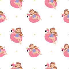 Summer beach pattern. Cute girl in a swimsuit swimming on an inflatable flamingo ring. Summer vibe. 