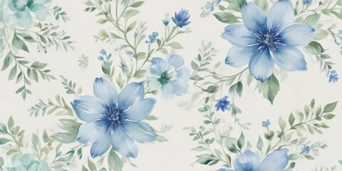 Creamy white background, delicate blue & green watercolor floral pattern , floral, botanical