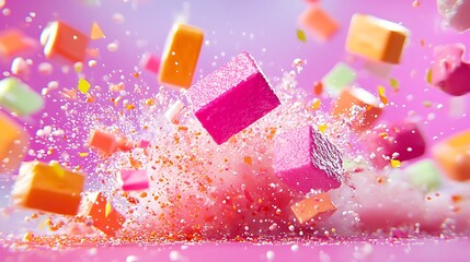 Colorful Candy Cube Explosion on Pink Background