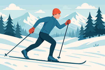 Winter sports icon set – flat style skiing, snowboarding, and ice skating symbols for outdoor activities: skier, snowboard, ice skate, snowflake, mountain, helmet, goggles