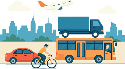 Fototapeta premium Urban transportation icon set - flat style for city travel, public transit, and commuting: car, bicycle, bus, truck, airplane, skyline, clouds.
