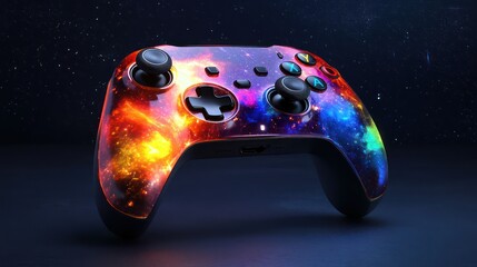 Dynamic gaming controller futuristic space theme digital art visual design close-up vibrant colors