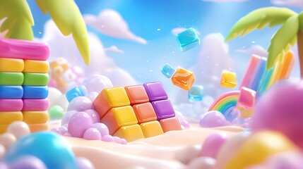 Colorful Candy Cubes Match 3 Game on Tropical Beach