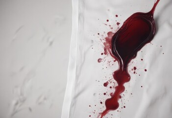 Dark red wine blot spreading across crisp white linen ,  surface,  accident,  photography