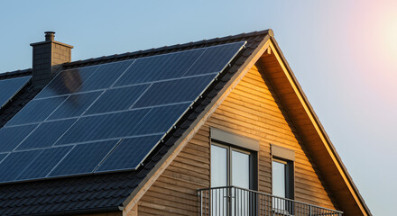 Naklejka premium Solar Panels on a Rustic Wooden House: Golden Hour Aesthetics