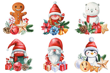 Watercolor Christmas clipart set with Santa gnomes, polar bear, penguin, gingerbread man holiday elements. Cute clipart