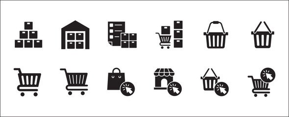 Online shopping icons. Logistic symbol. Online shop icon set. Icon symbol contains goods, stock management, logistic, store, trolley, shopping basket. Vector illustration