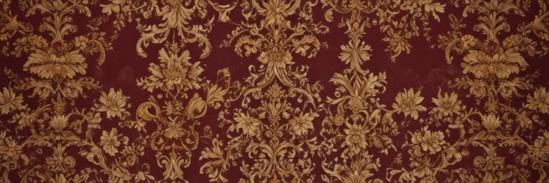 Fototapeta Burgundy & gold floral baroque wallpaper  Intricate scrollwork, luxurious pattern , floral, acanthus, fabric