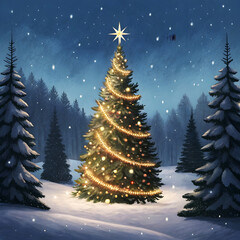 Obraz premium A majestic Christmas tree glows brightly under a gentle snowfall, casting a warm, magical ambiance in a snow-covered backyard with a wooden fence.
