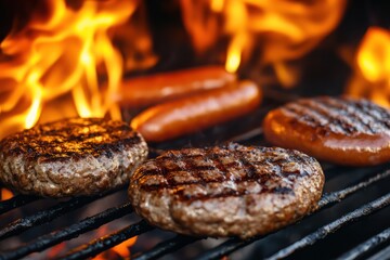 Hamburgers and hotdogs grilling over open flames