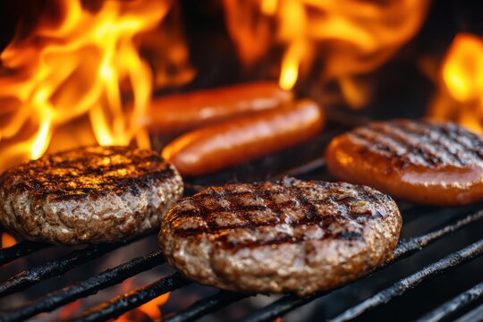 Hamburgers and hotdogs grilling over open flames