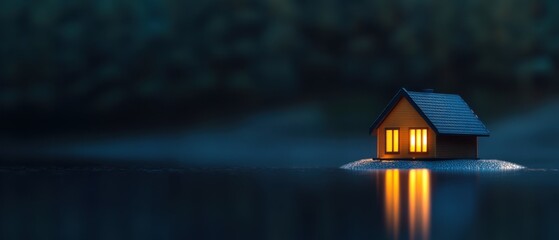 House with glowing windows on small island
