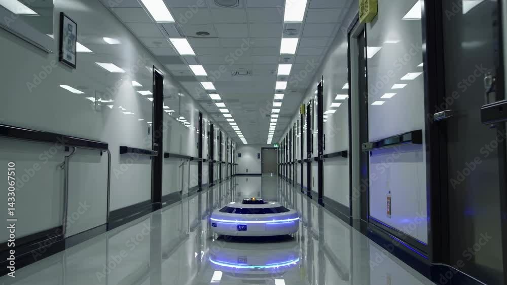 Poster Robot delivery system navigates a sterile hallway in a high-tech facility showcasing automated services for efficient operations