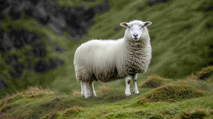 Fototapeta premium A fluffy white sheep stands majestically on a grassy hill.