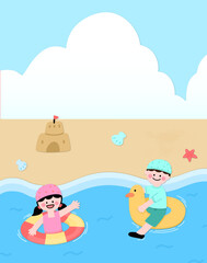 유치원 여름 방학 수영 캐릭터 드로잉 배경(kindergarten summer vacation beach character drawing wallpaper)