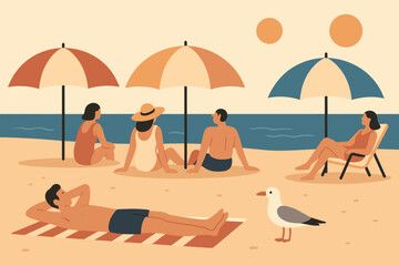 Beach and summer flat icons set – relaxation, leisure, and sunbathing symbols for holiday planning: umbrella, sand, ocean, sun, seagull, swimsuit, hat, chair.
