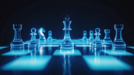 Futuristic Chessboard with Glowing Glass Chess Pieces Illuminated
