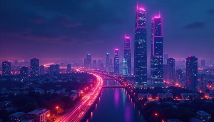 Fototapeta premium Futuristic cityscape at night with sleek skyscrapers and neon lights , futuristic, skyline, urban