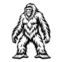 Silhouette Sasquatch Creature Standing Upright on White Background, Hairy, Mythical