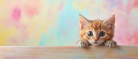 Captivating portrait of an orange tabby kitten peering over a rustic wooden ledge