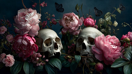 Two skulls nestled amongst pink peonies and lush green foliage, creating a dark romantic still life symbolic of mortality and beauty's fleeting nature