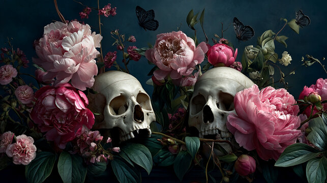 Fototapeta Two skulls nestled amongst pink peonies and lush green foliage, creating a dark romantic still life symbolic of mortality and beauty's fleeting nature