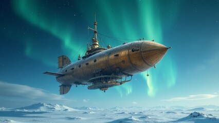 Fototapeta premium An airship flying under the aurora