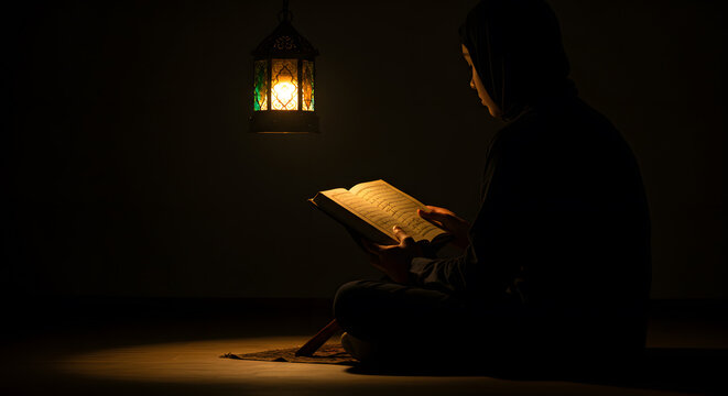 Silhouetted Figure Reading Sacred Text by Lantern Light