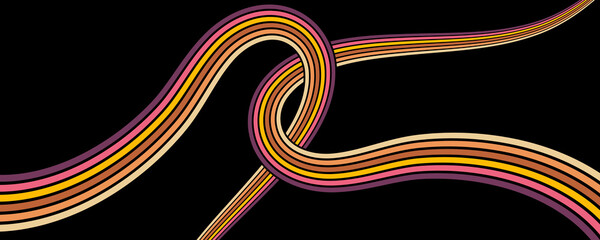 Colorful background of 70's style curvy lines. Retro panel with rainbow parallel stripes. Template for posters, banners, decorative elements and wall art. Design and creativity idea