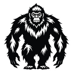 Silhouette of a large, hairy ape standing upright, detailed fur, strong, black on white