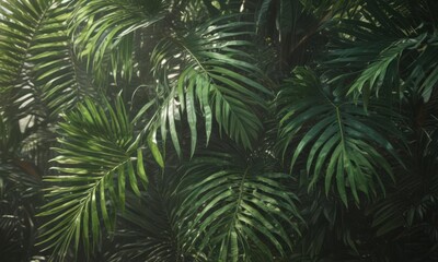 Deep emerald & jade palm leaves, sunlight filtering through, rich textures , leaves, light