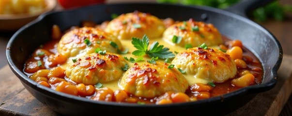 Sizzling maultasche with caramelized onions and melted cheese in a skillet, German comfort food, meal, saut?