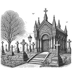 Obraz premium old cemetery with ornate tombstones, crosses, leafless trees, and birds flying overhead sketch engraving generative ai vector illustration. Scratch board imitation. Black and white image.