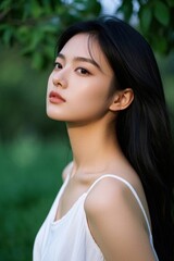 Naklejka premium araffe asian woman with long black hair and white top