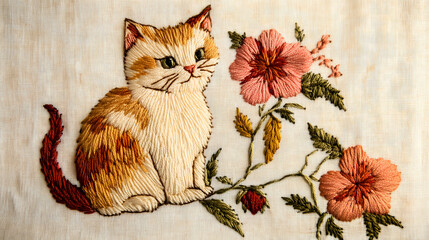 vintage embroidery of a cat sat beside a beautiful flower
