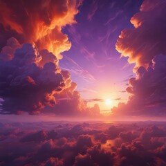 Naklejka premium Fiery orange and purple clouds blaze across a vast, vibrant sky , red, view