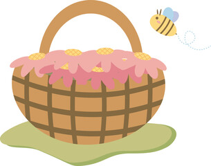 Spring and gardening concept. Basket with pink flowers in it and happy cute bees around on white background. Vector illustration flat design.