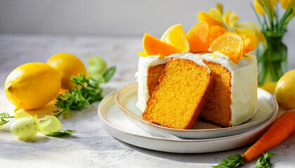 vibrant spring themed carrot cake is beautifully sliced and served on white marble surface, adorned with fresh citrus slices and surrounded by lemons and flowers