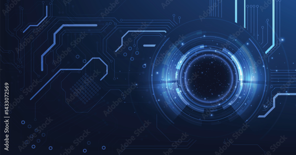 Poster Digital electric circuit circle background.Image electric circuit on dark blue background.High tech circuit board connection system concept.	