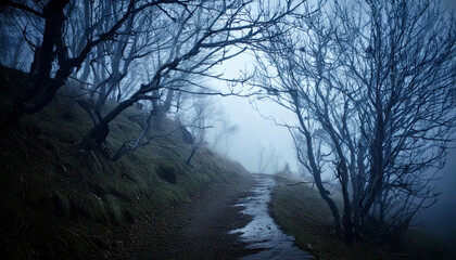 foggy, desolate hillside path winds through gnarled dead trees, creating eerie atmosphere. thick mist envelops landscape, enhancing post apocalyptic feel