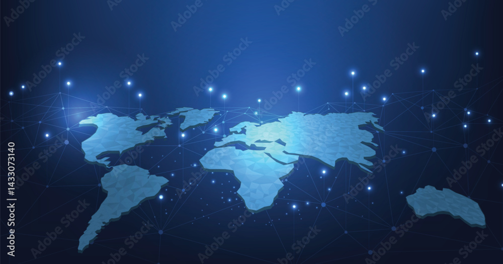 Poster Global network connection. High-tech Network technology background with dots and lines connection system.Vector abstract technology on world map and a blue background.	