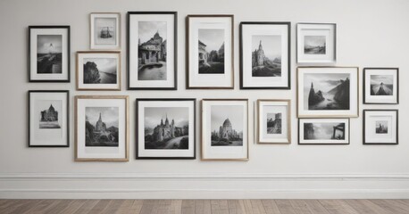Gallery wall mockup; various sized & styled frames on white wall,  home decor,  frame arrangement